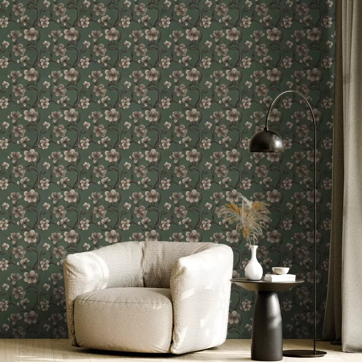 Papier peint Fleurs beiges sur fond vert intense a00626v3