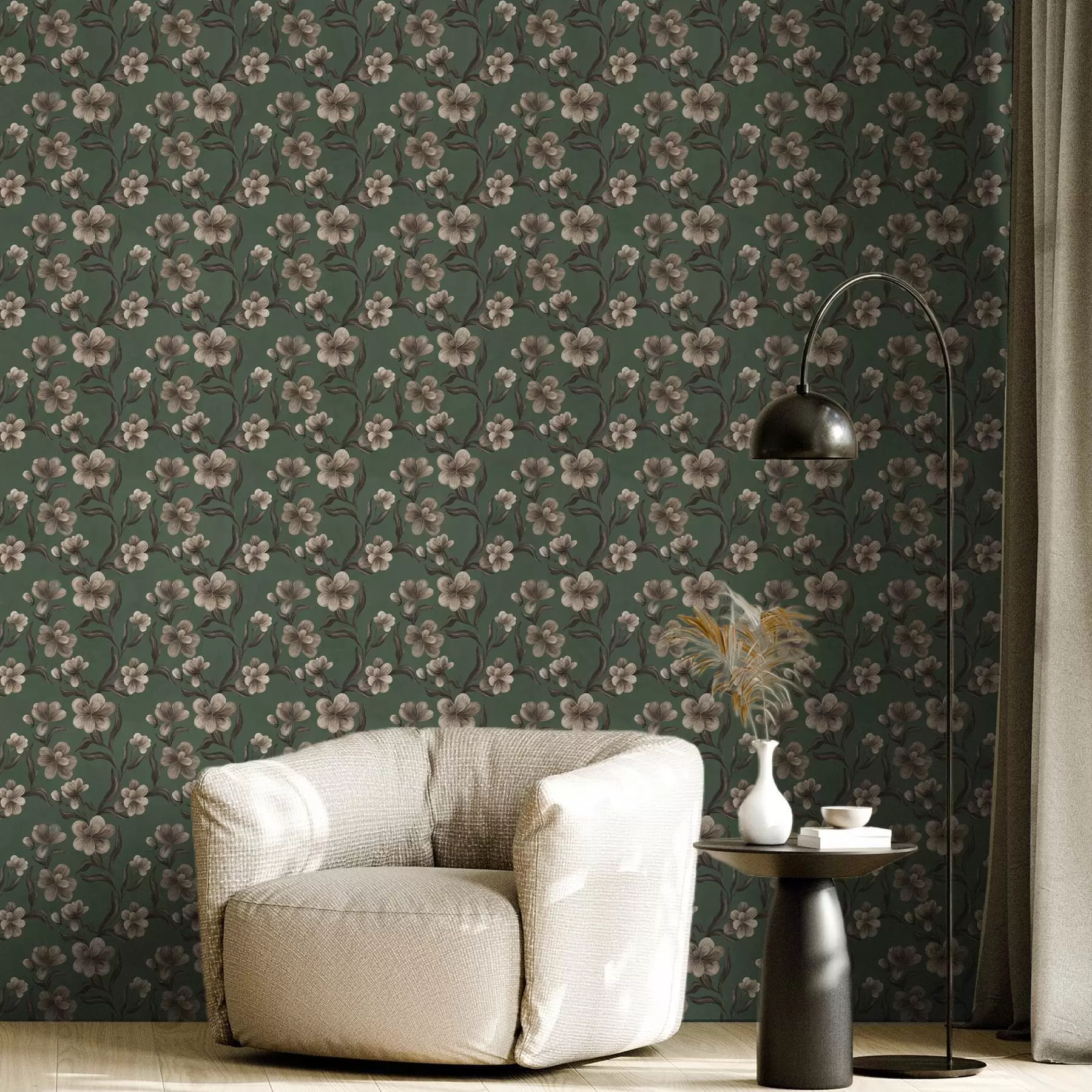 Papier peint Fleurs beiges sur fond vert intense a00626v3