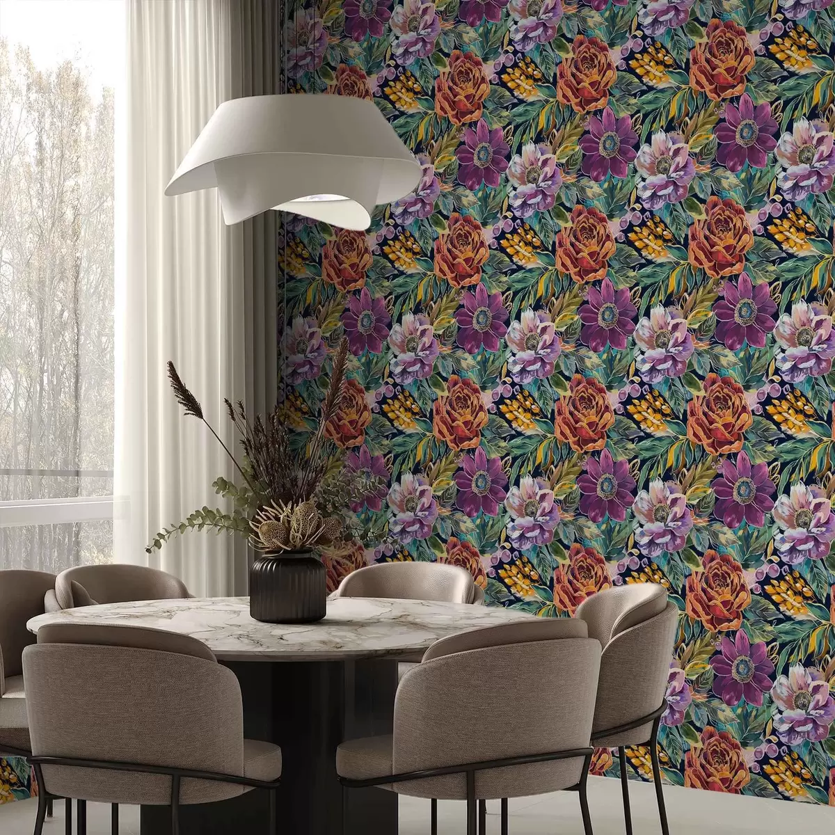 Papier peint De grandes fleurs peintes au pinceau sur un fond bleu foncé a00643
