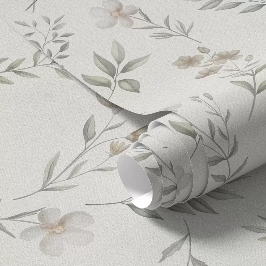 Papier peint Petites brindilles et fleurs aquarellées sur fond clair a00665