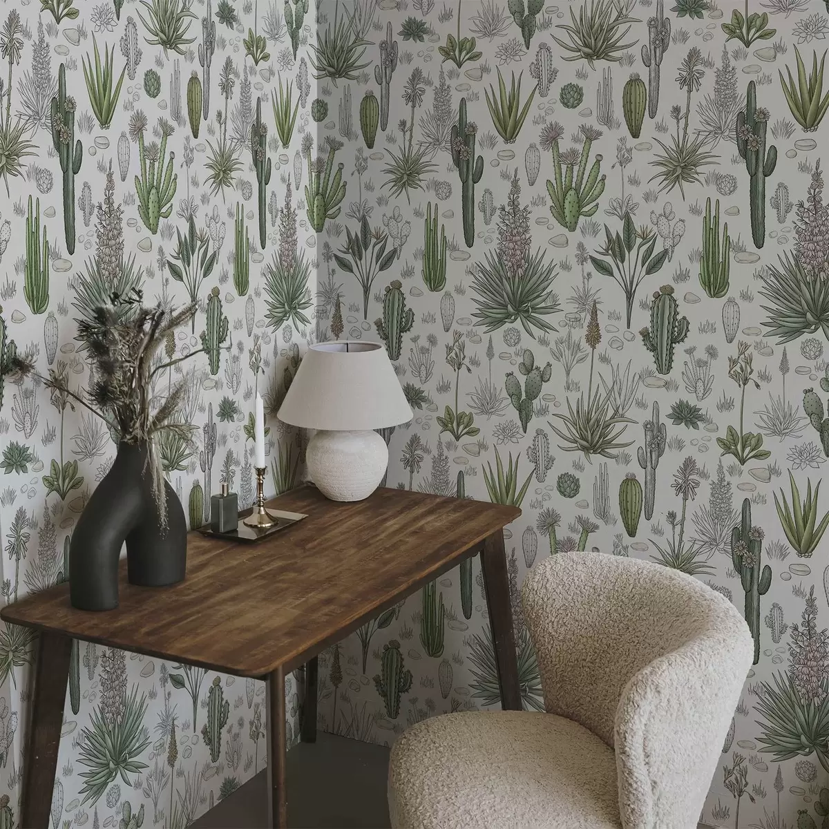 Papier peint Cactus et plantes succulentes sur fond clair, style linéaire a00666v1