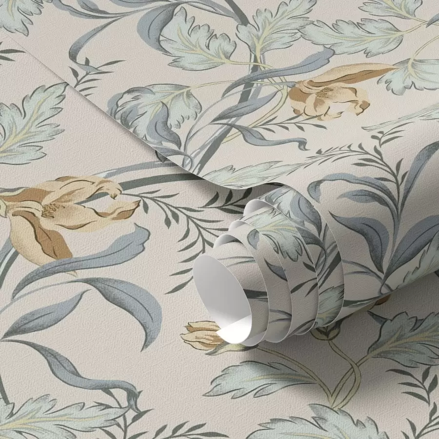 Papier peint Fleurs vintage avec feuillage bleu sur fond crème a00717