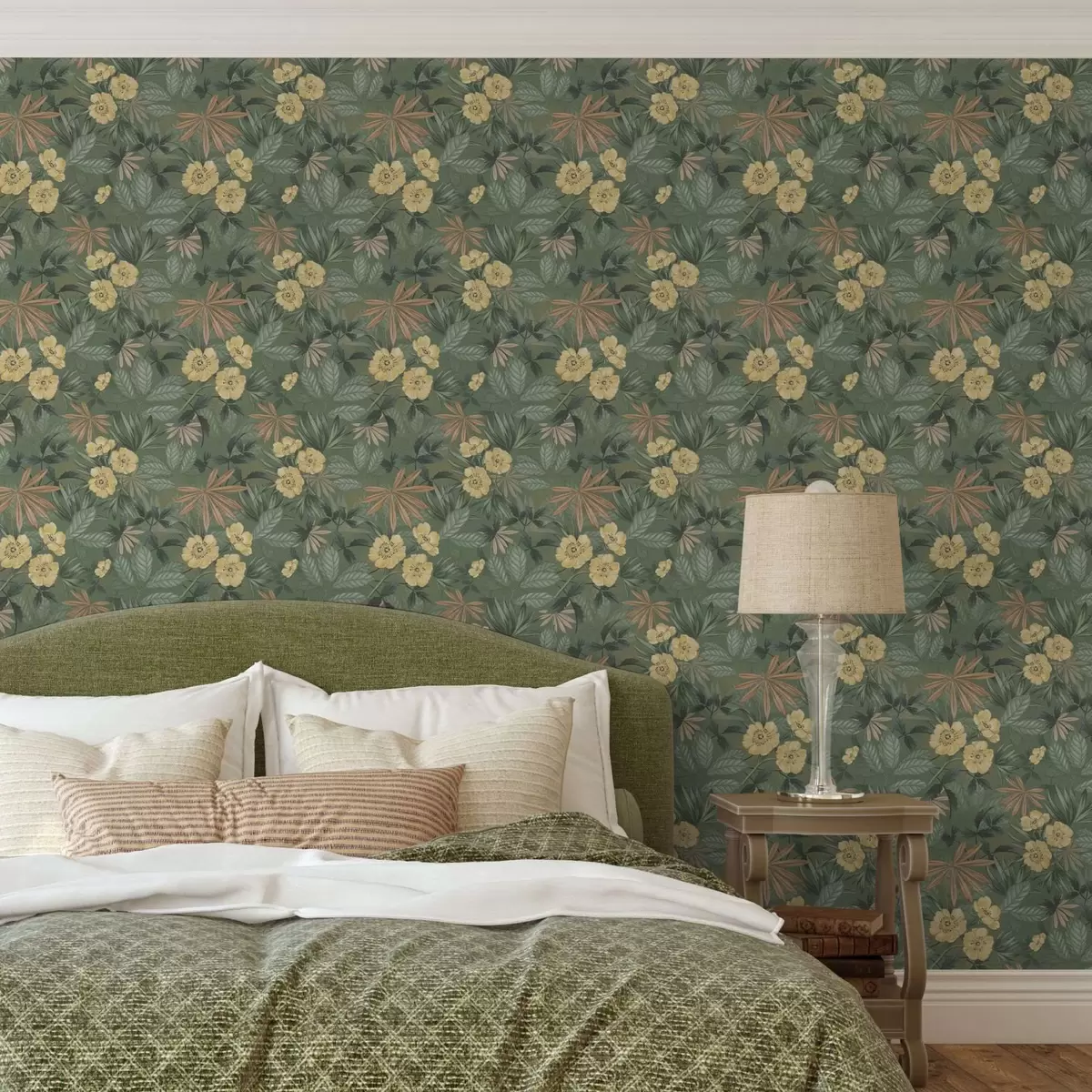 Papier peint Fleurs jaunes au milieu d'une texture feuillue verte a00718