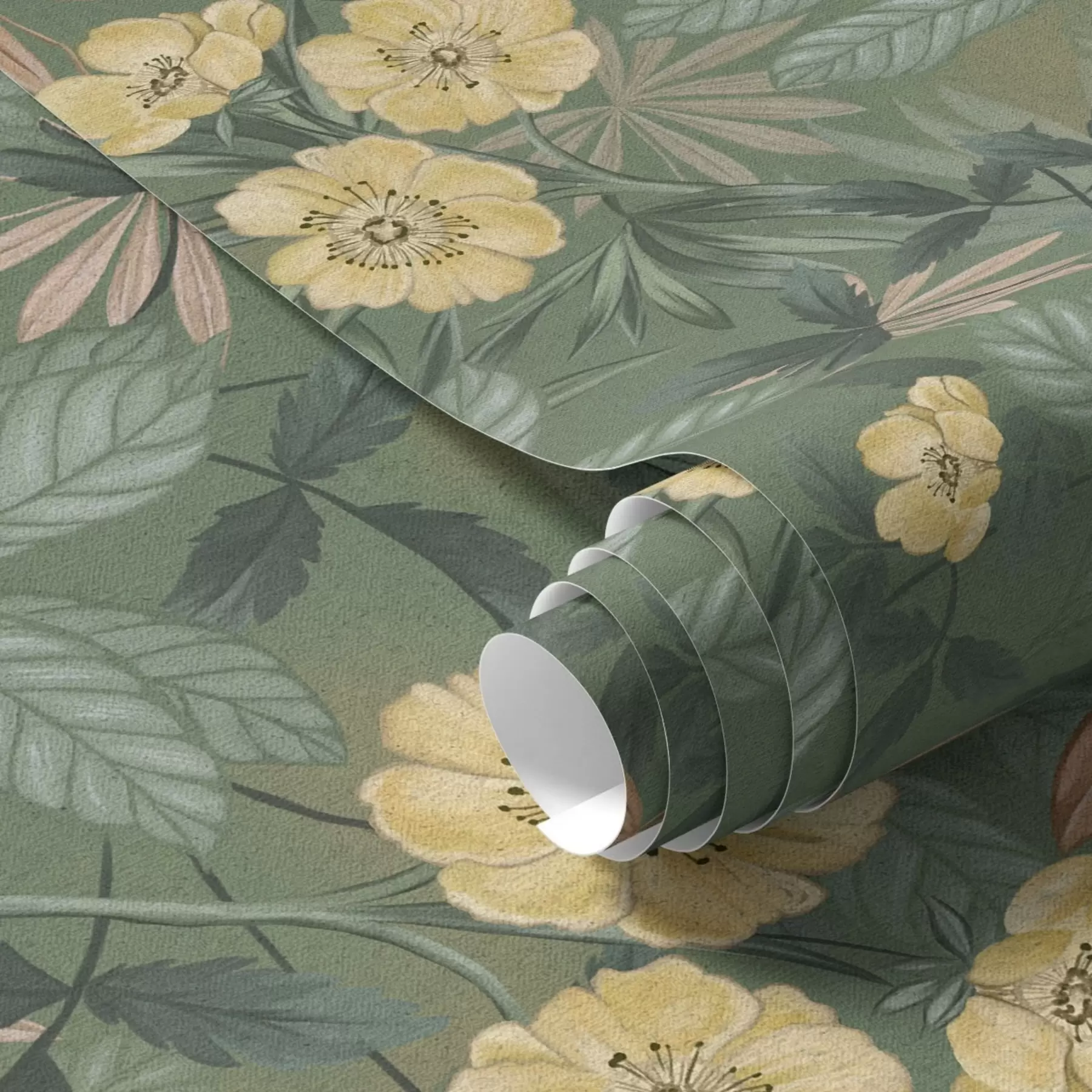 Papier peint Fleurs jaunes au milieu d'une texture feuillue verte a00718