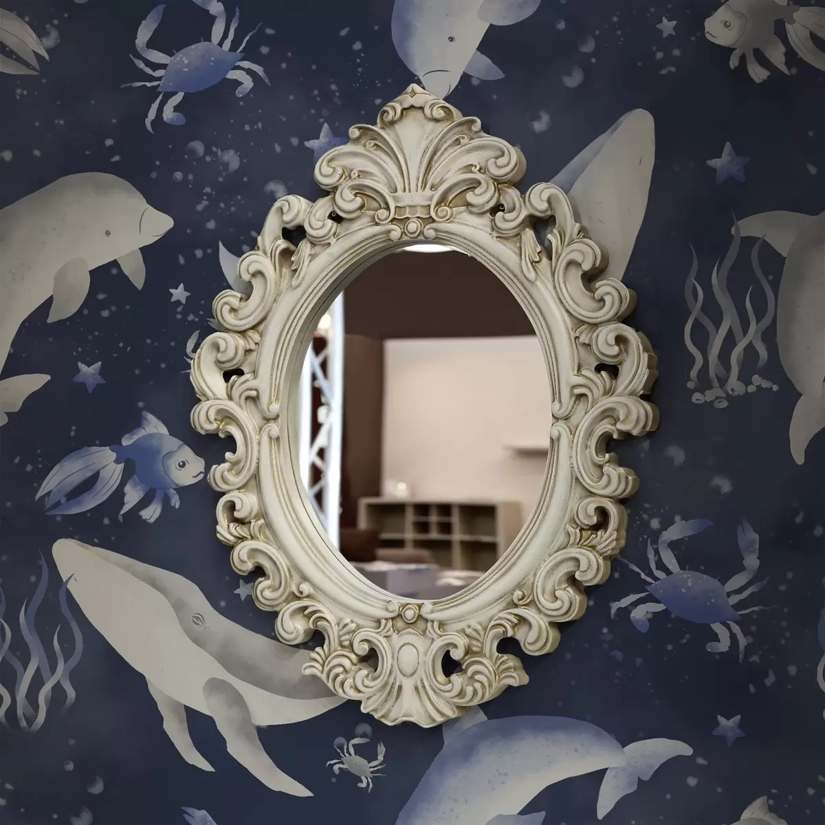 Papier peint Baleines, dauphins et crabes sur fond bleu foncé a00720