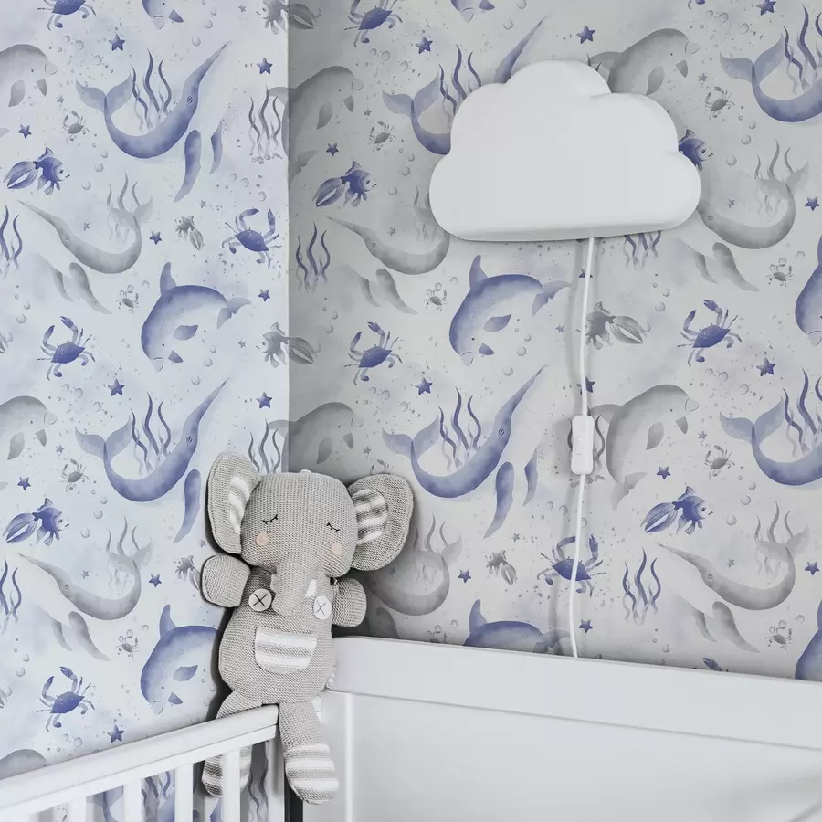 Papier peint Baleines et dauphins marins dans des tons bleus sur fond blanc a00720v1