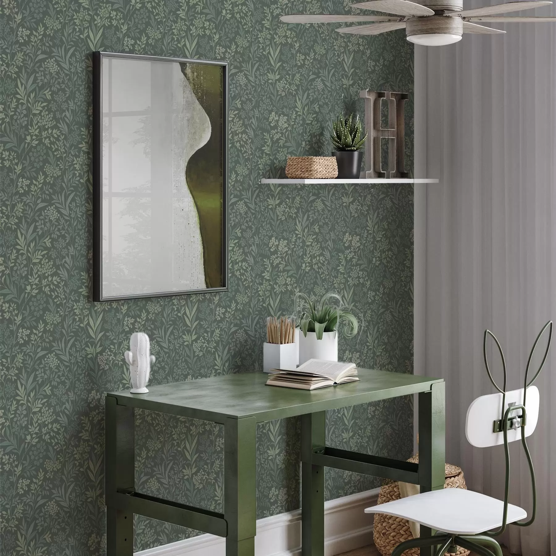 Papier peint Herbes et baies émeraude, motif botanique raffiné a00740