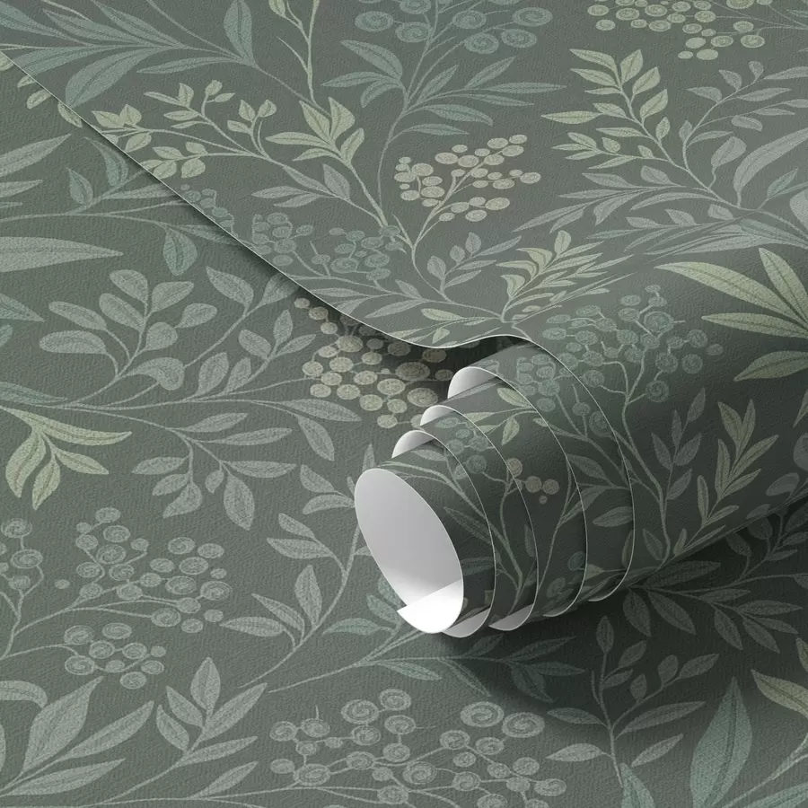 Papier peint Herbes et baies émeraude, motif botanique raffiné a00740