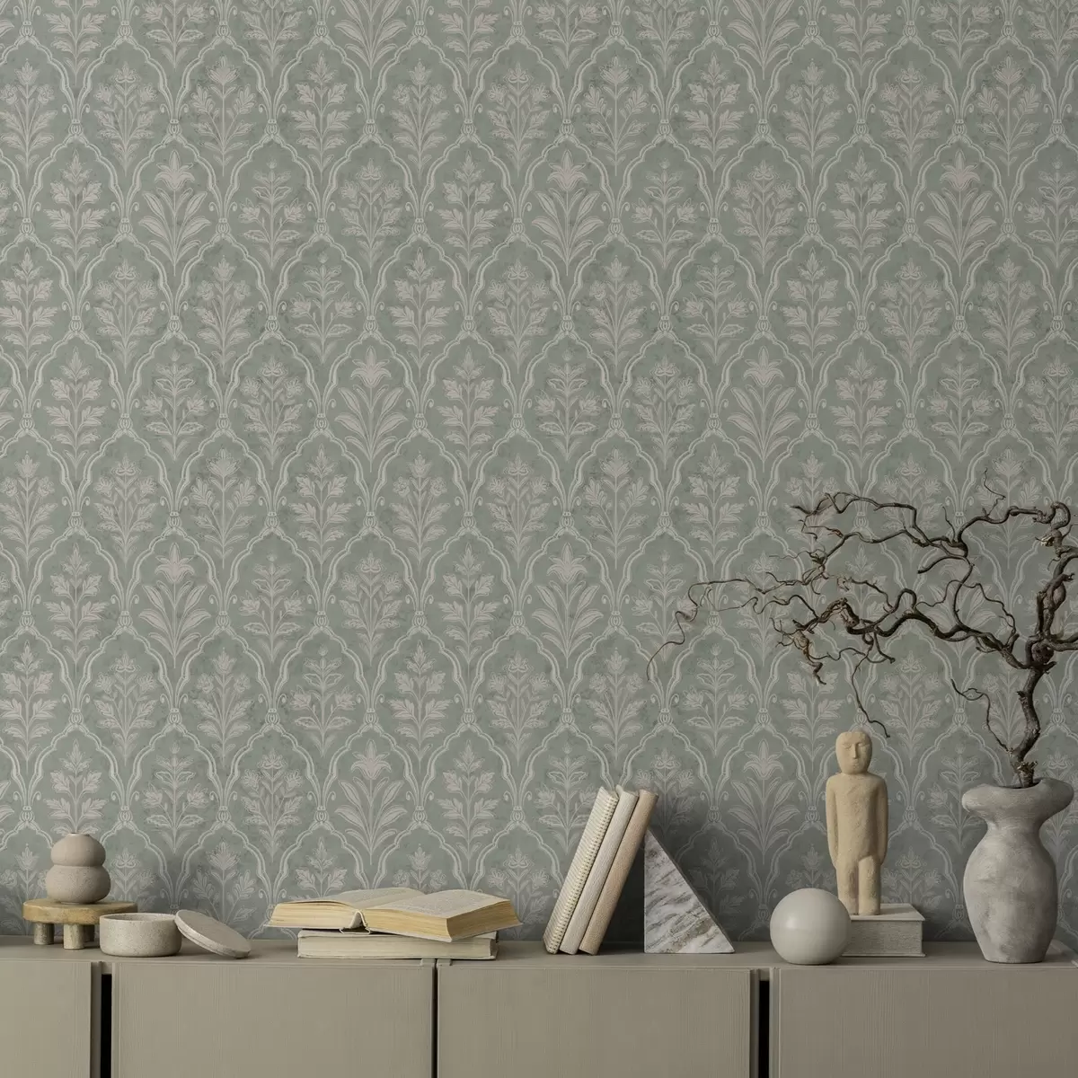 Papier peint Damassé menthe avec fins médaillons floraux a00741