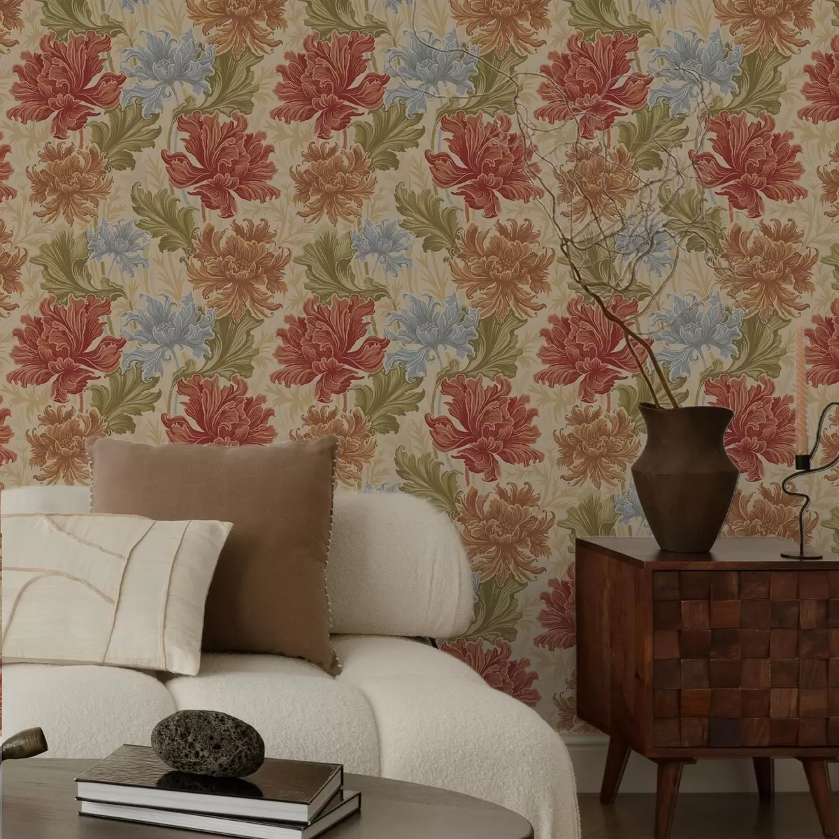 Papier peint Grands chrysanthèmes aux teintes chaudes sur fond beige a00743