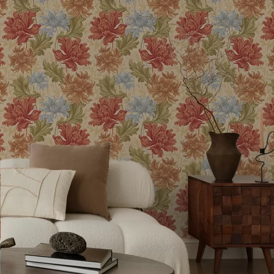 Papier peint Grands chrysanthèmes aux teintes chaudes sur fond beige a00743
