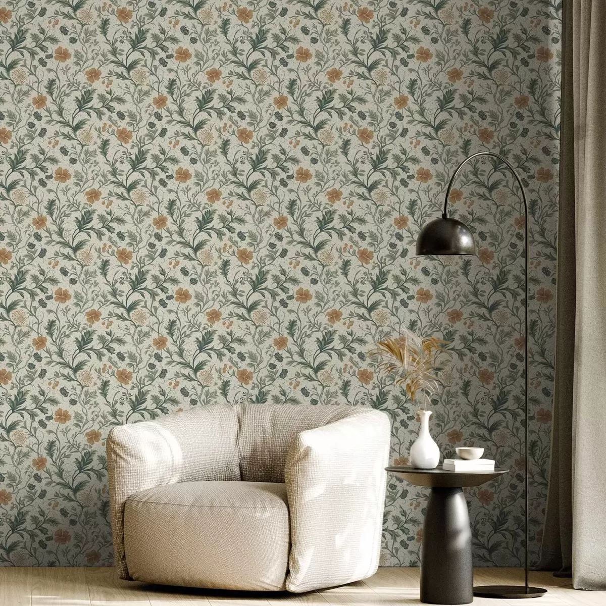 Papier peint Branches fines avec fleurs et baies sur fond granuleux a00744