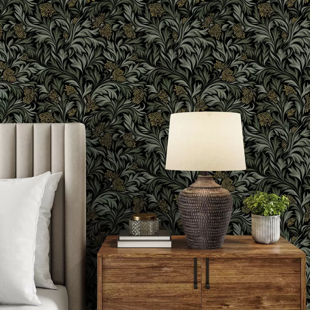 Papier peint Feuilles d'acanthe foncées avec des cônes dorés sur fond noir a00745