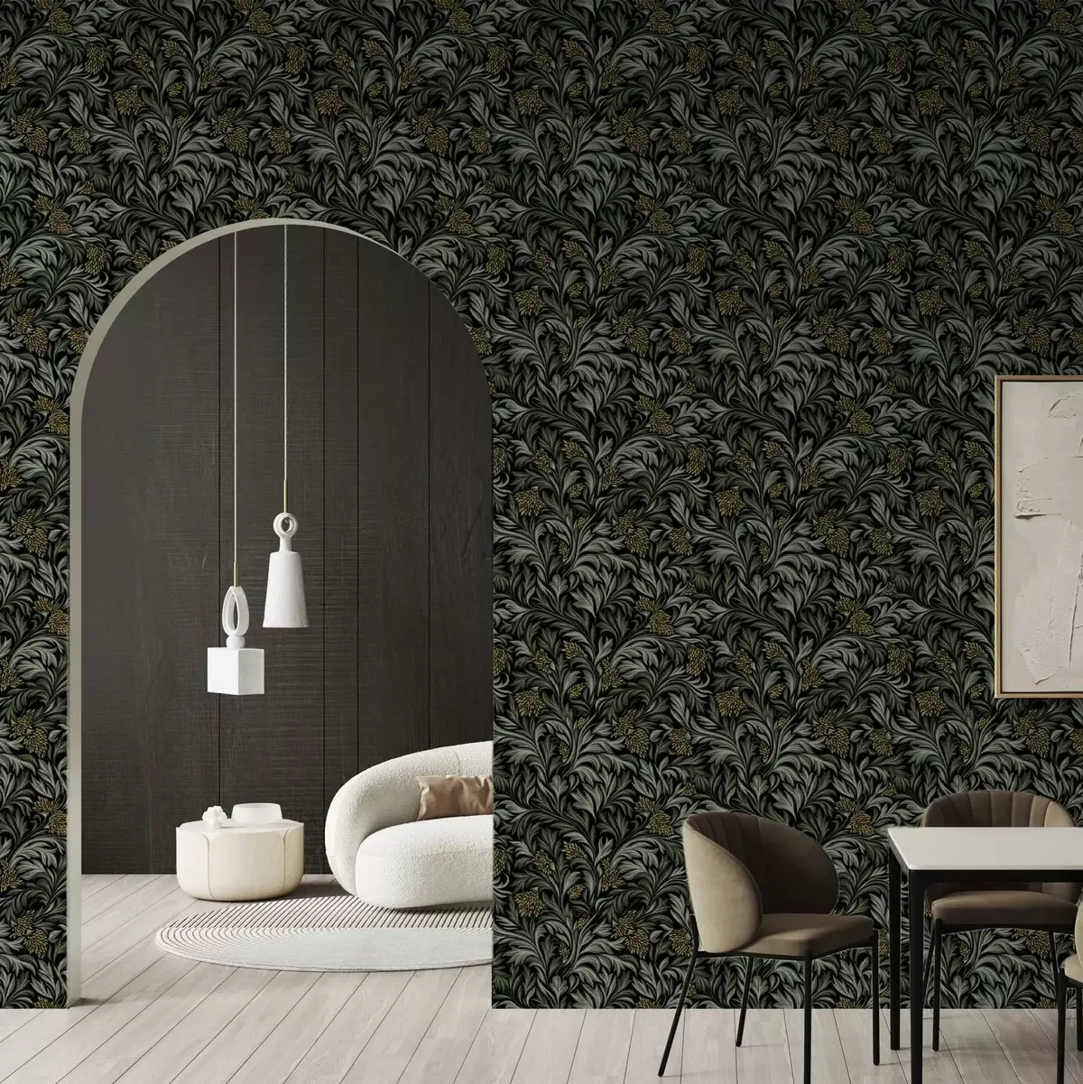 Papier peint Feuilles d'acanthe foncées avec des cônes dorés sur fond noir a00745
