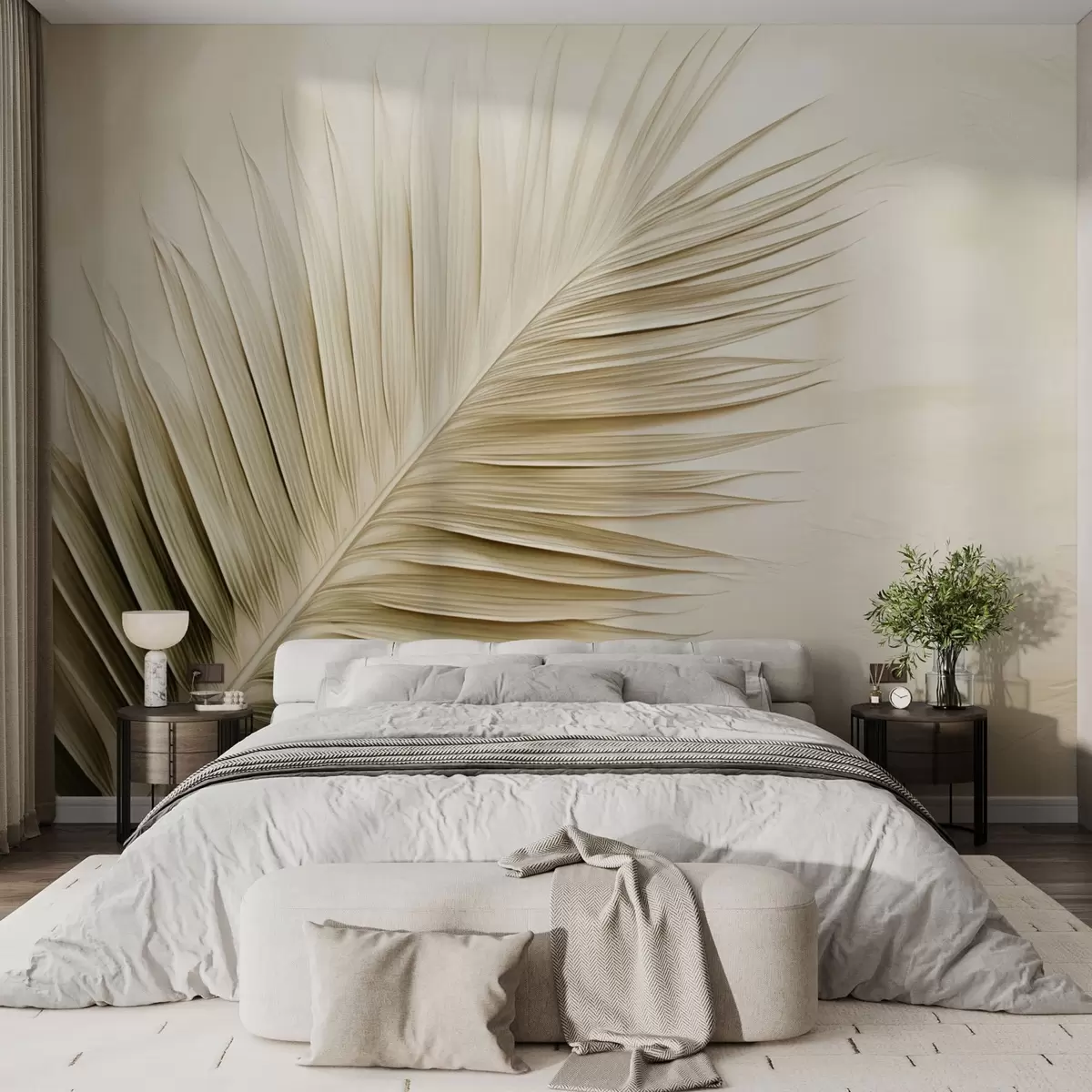 Papier peint Feuille de palmier beige sur fond texturé doux w04618