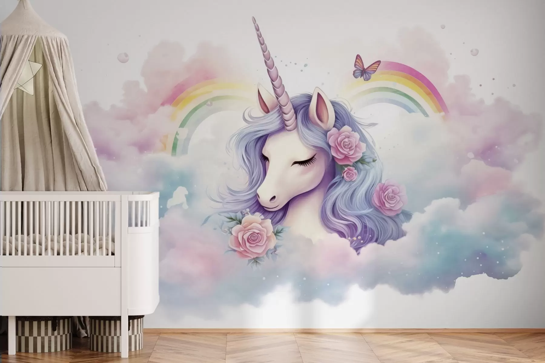 Papier peint Licorne pastel dans les nuages avec arc-en-ciel et roses w03990