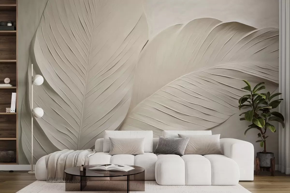 Papier peint Feuilles beiges en relief avec des ombres douces w04614