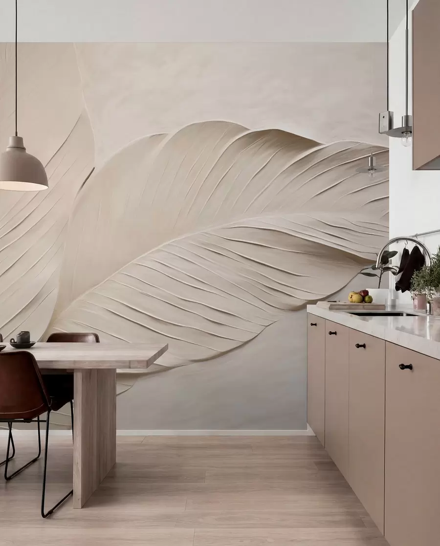 Papier peint Feuilles beiges en relief avec des ombres douces w04614