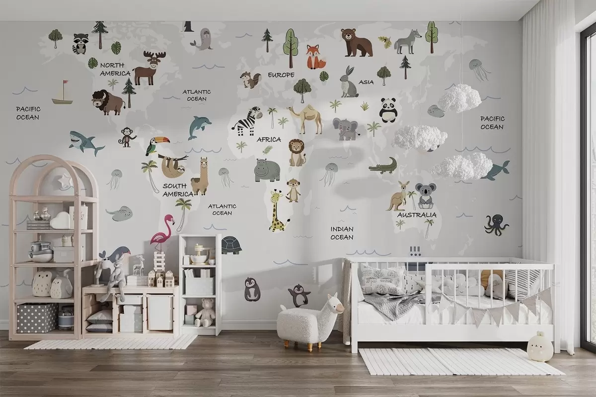 Papier peint Carte du monde avec des animaux w04663