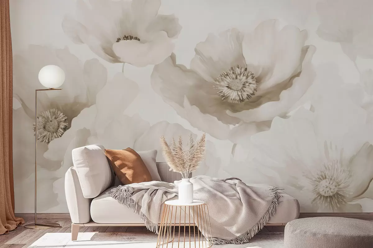 Papier peint Coquelicots  nuances de beige w04656v1