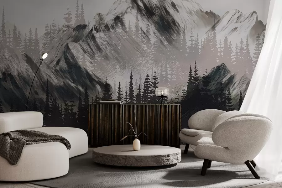 Papier peint Montagnes et forêt de conifères w04666