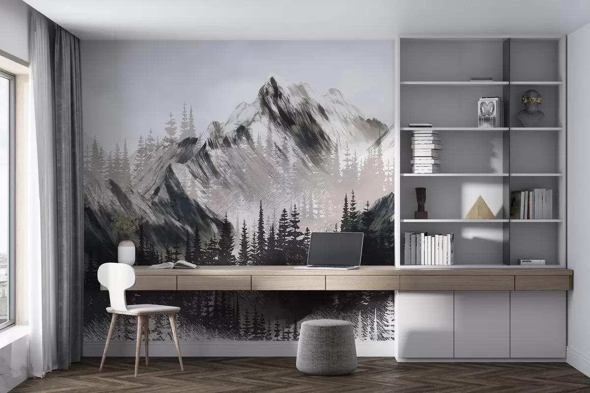 Papier peint Montagnes et forêt de conifères w04666