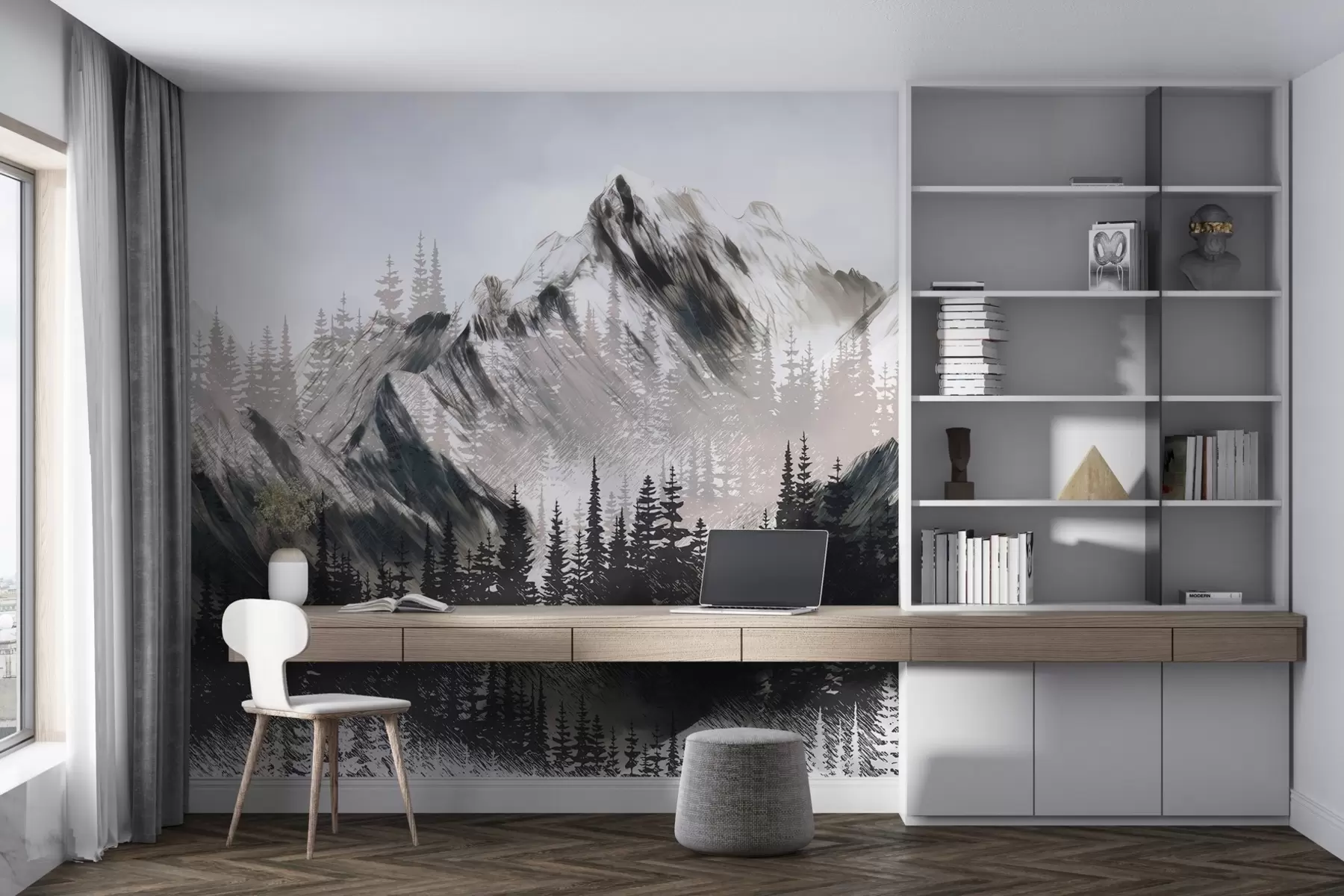 Papier peint Montagnes et forêt de conifères w04666