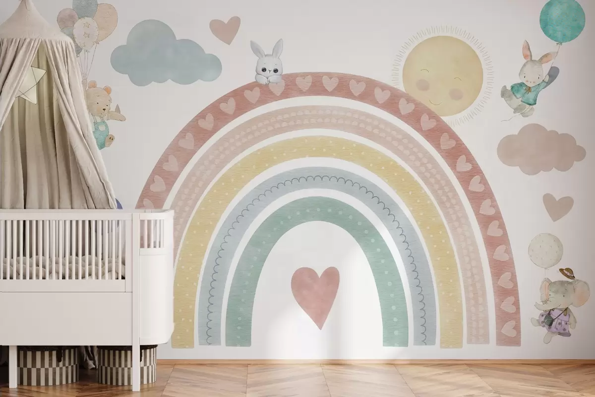 Papier peint Arc-en-ciel pastel avec des cœurs, des animaux et des ballons w04681