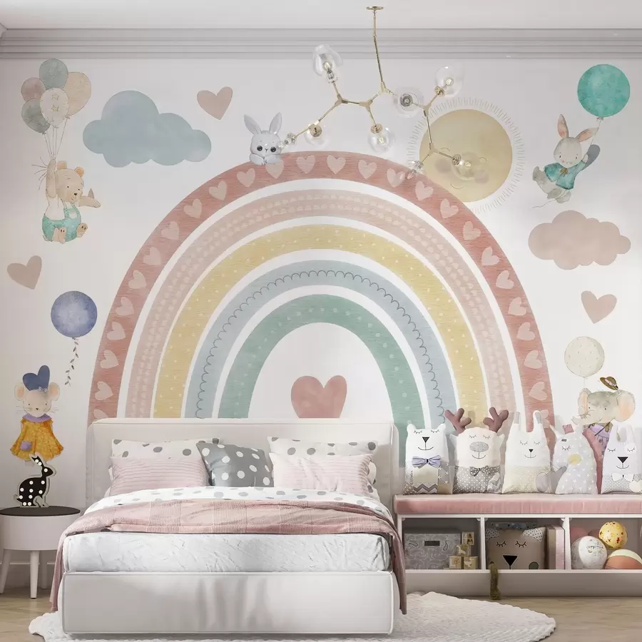 Papier peint Arc-en-ciel pastel avec des cœurs, des animaux et des ballons w04681