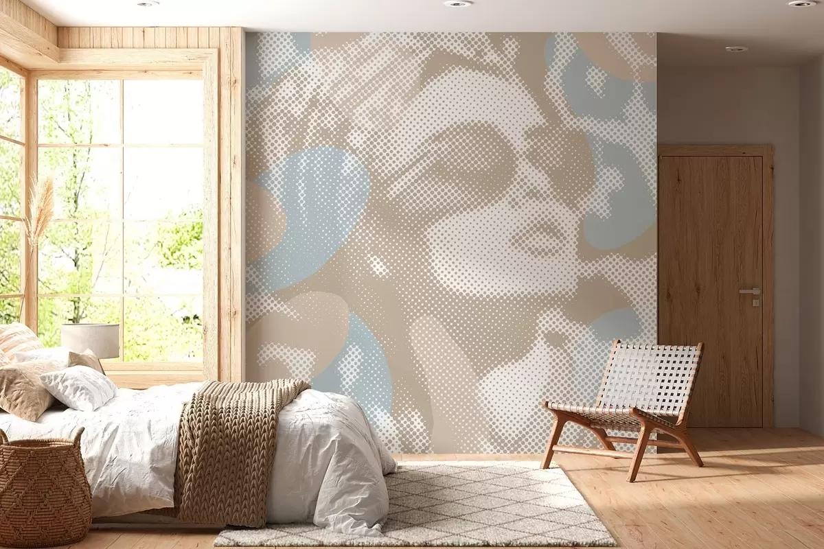 Papier peint portrait d'une femme sur fond léopard dans un style pointillé dans des tons beiges et bleus w04630
