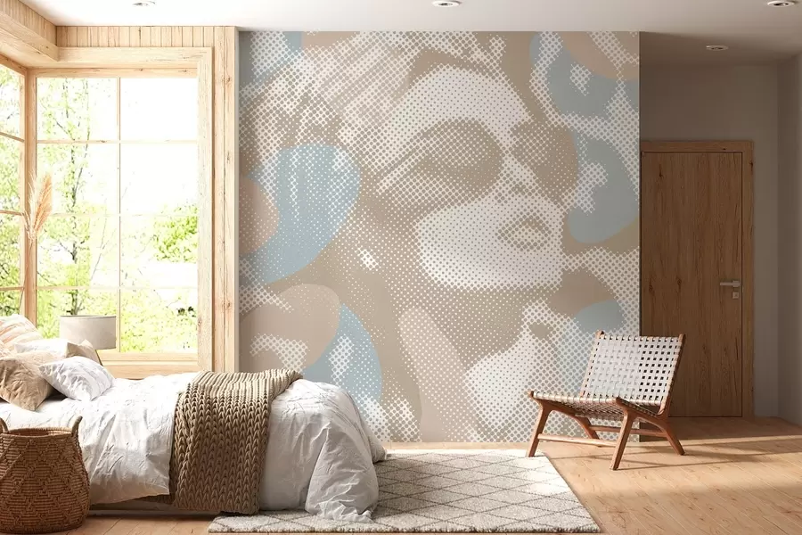Papier peint portrait d'une femme sur fond léopard dans un style pointillé dans des tons beiges et bleus w04630