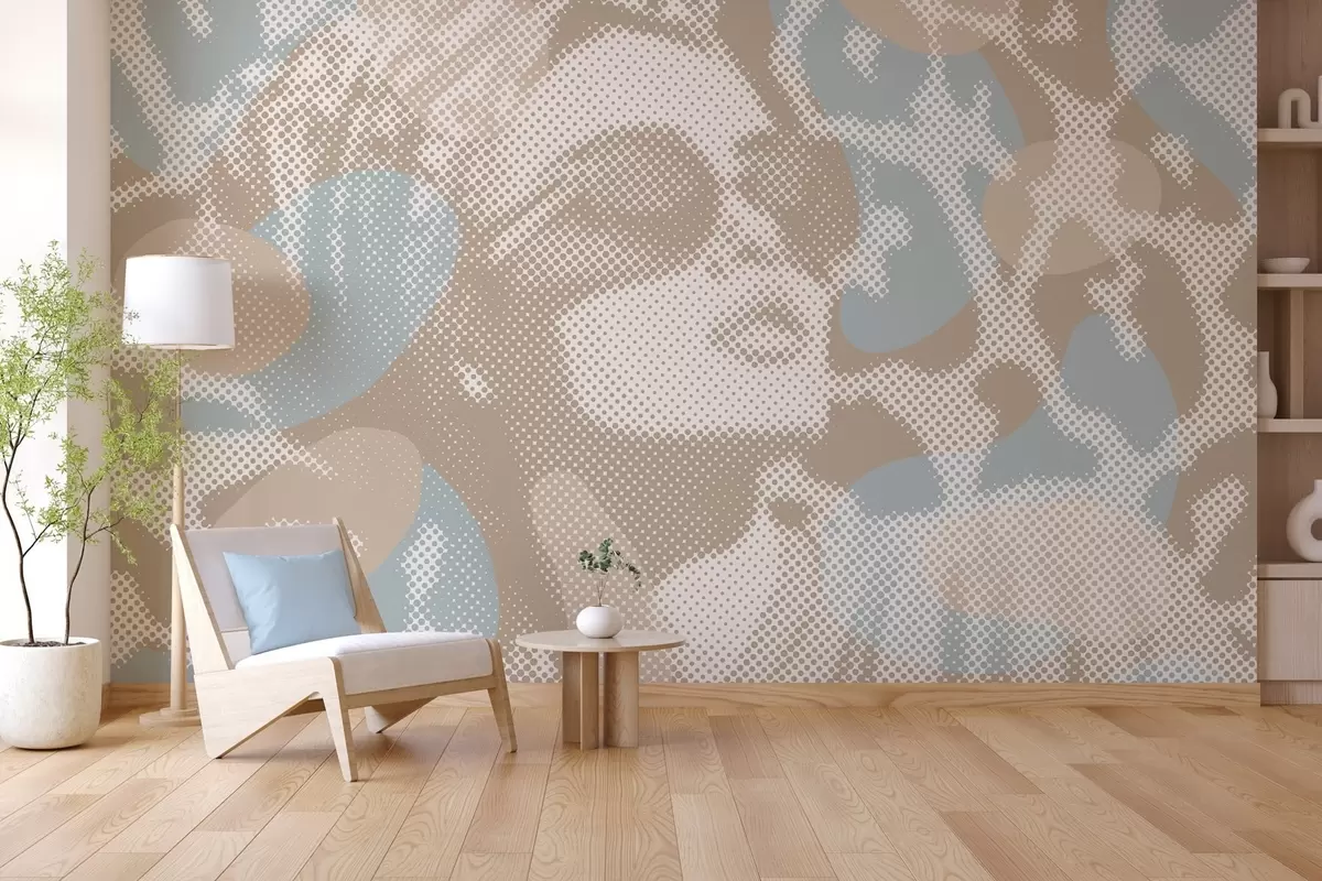 Papier peint portrait d'une femme sur fond léopard dans un style pointillé dans des tons beiges et bleus w04630