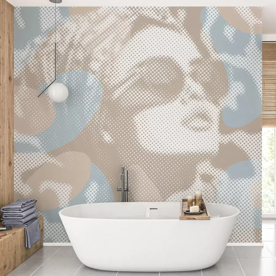 Papier peint portrait d'une femme sur fond léopard dans un style pointillé dans des tons beiges et bleus w04630