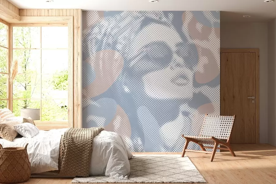 Papier peint portrait d'une femme sur fond léopard dans un style pointillé dans les tons bleus w04630v1