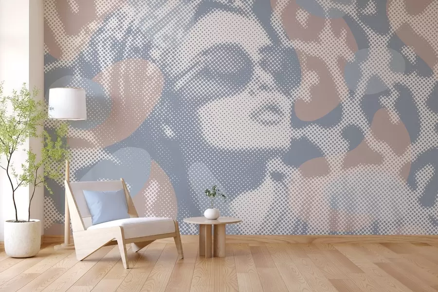 Papier peint portrait d'une femme sur fond léopard dans un style pointillé dans les tons bleus w04630v1