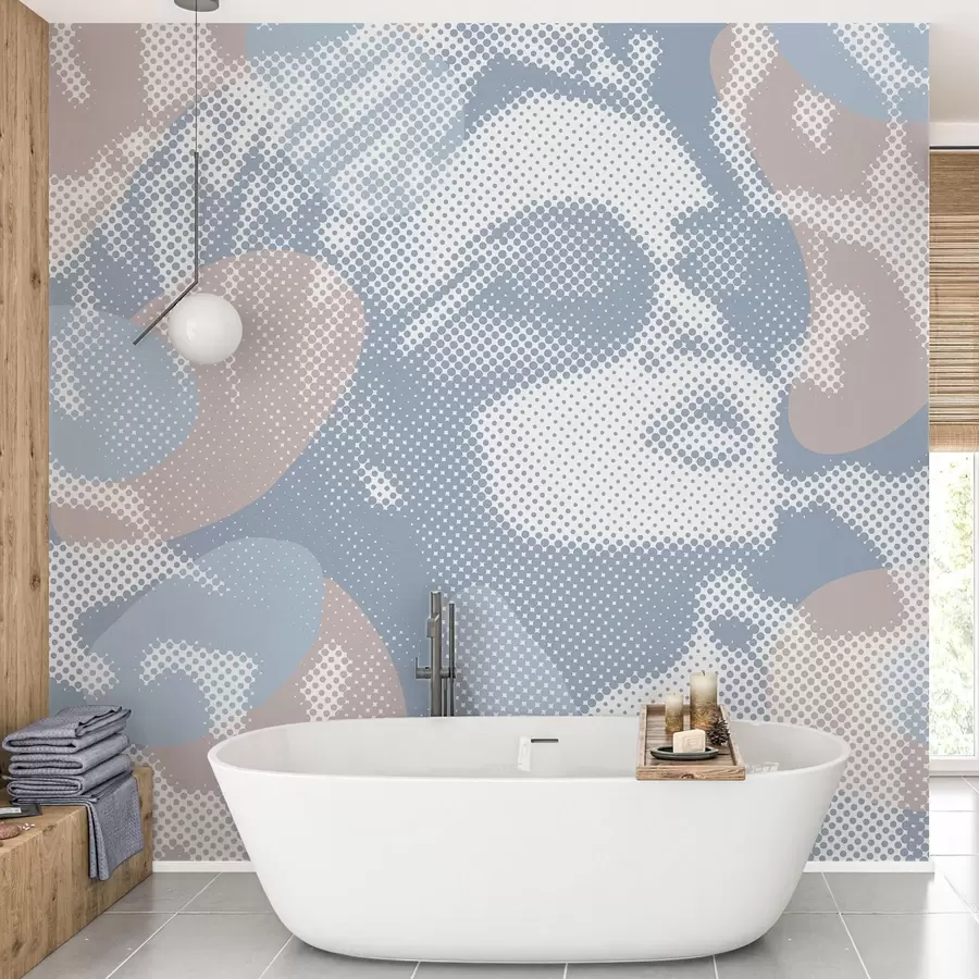 Papier peint portrait d'une femme sur fond léopard dans un style pointillé dans les tons bleus w04630v1