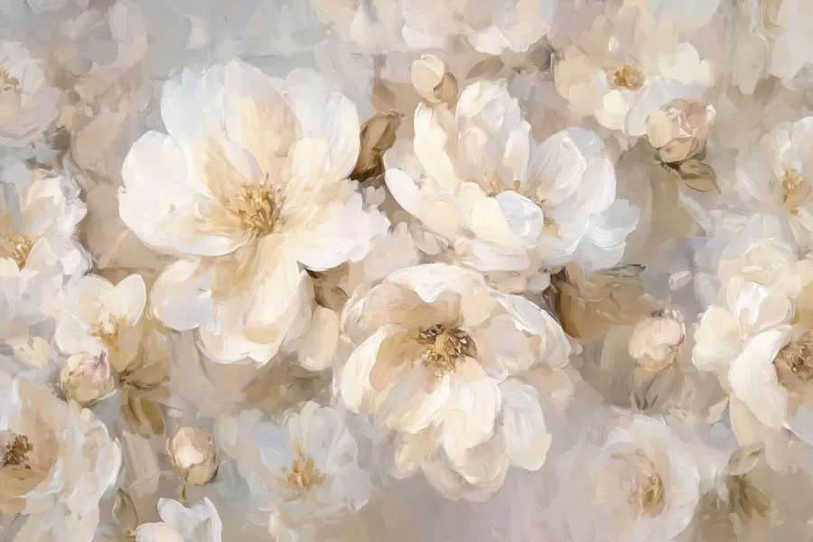 Papier peint grandes fleurs dans les tons blancs et beiges dans le style de la peinture à l'huile w04633