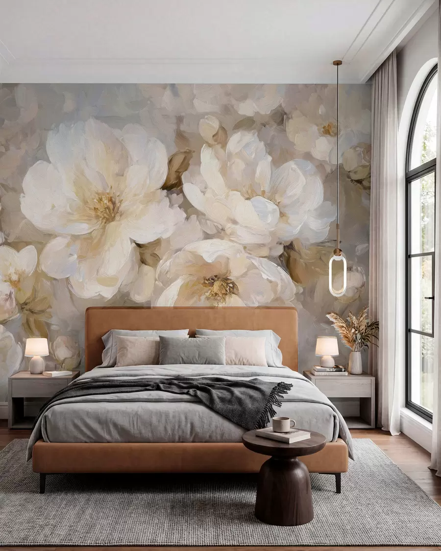Papier peint grandes fleurs dans les tons blancs et beiges dans le style de la peinture à l'huile w04633
