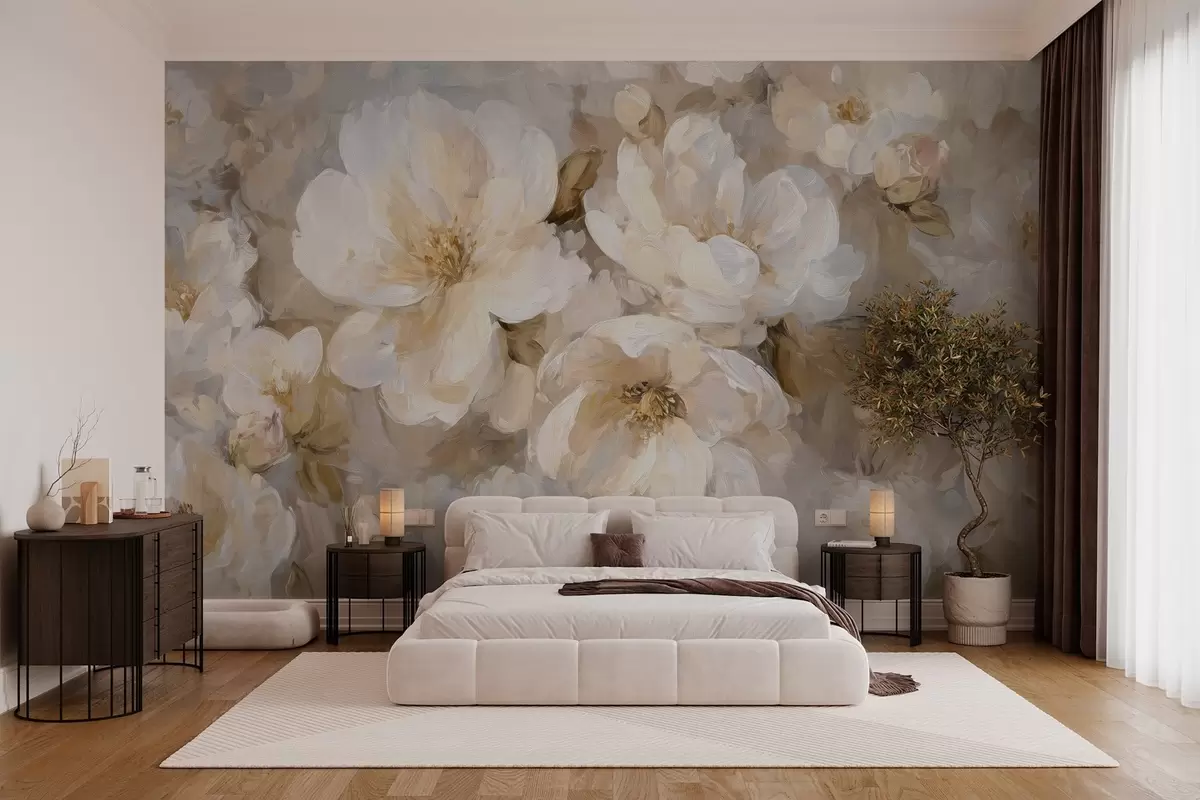 Papier peint grandes fleurs dans les tons blancs et beiges dans le style de la peinture à l'huile w04633