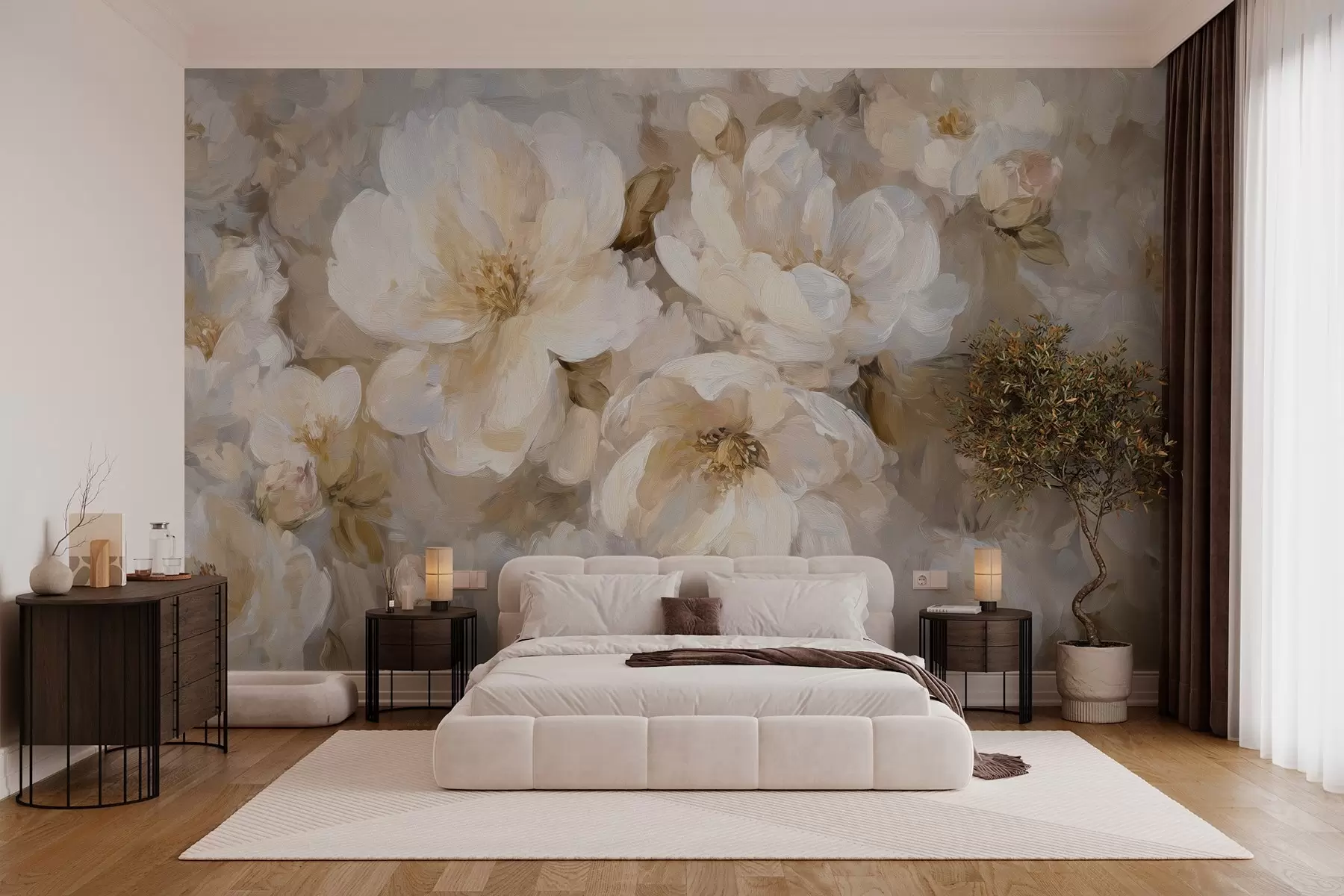 Papier peint grandes fleurs dans les tons blancs et beiges dans le style de la peinture à l'huile w04633