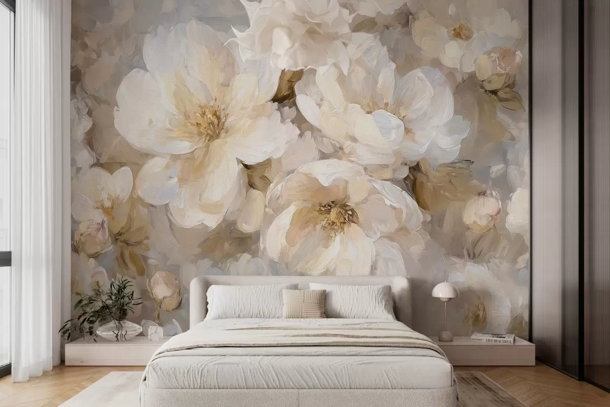 Papier peint grandes fleurs dans les tons blancs et beiges dans le style de la peinture à l'huile w04633