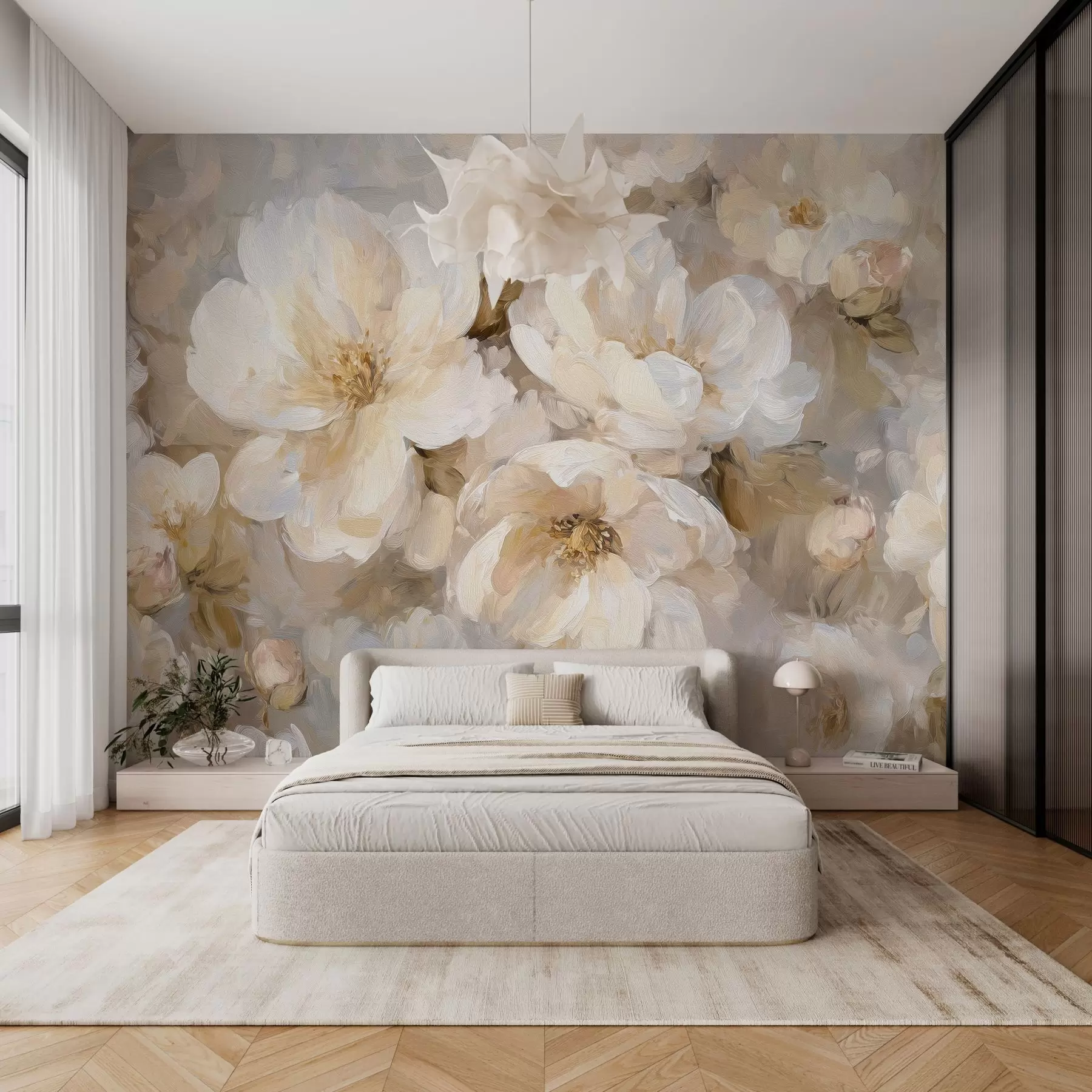 Papier peint grandes fleurs dans les tons blancs et beiges dans le style de la peinture à l'huile w04633