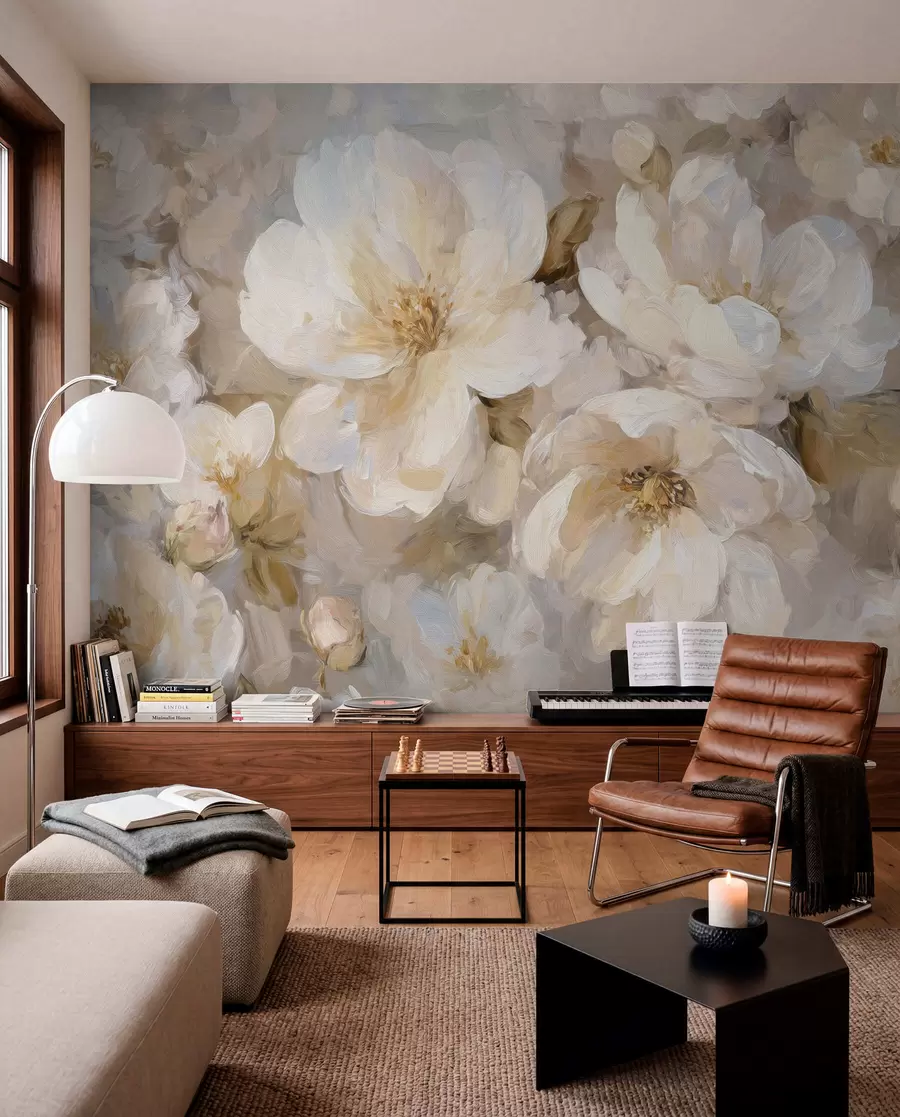Papier peint grandes fleurs dans les tons blancs et beiges dans le style de la peinture à l'huile w04633