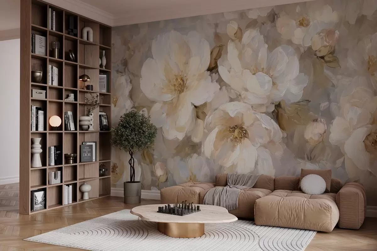 Papier peint grandes fleurs dans les tons blancs et beiges dans le style de la peinture à l'huile w04633