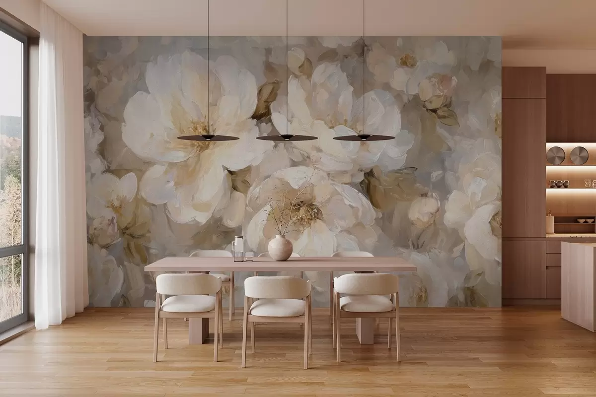 Papier peint grandes fleurs dans les tons blancs et beiges dans le style de la peinture à l'huile w04633
