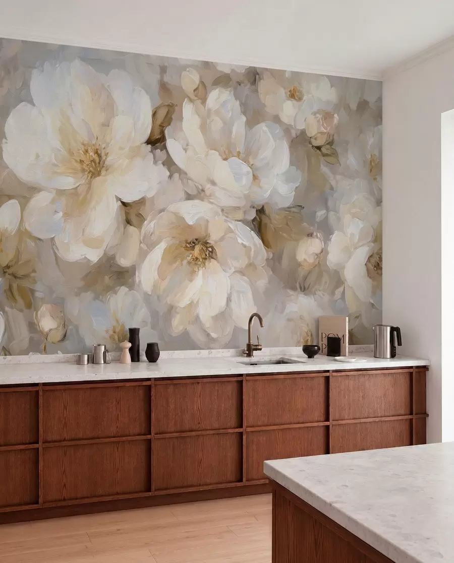 Papier peint grandes fleurs dans les tons blancs et beiges dans le style de la peinture à l'huile w04633