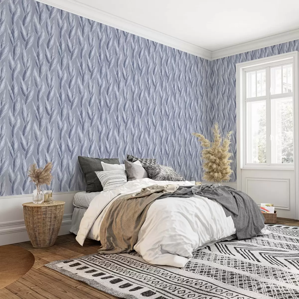 Papier peint Feuilles bleu argenté sur fond gris-bleu, motif graphique a00627