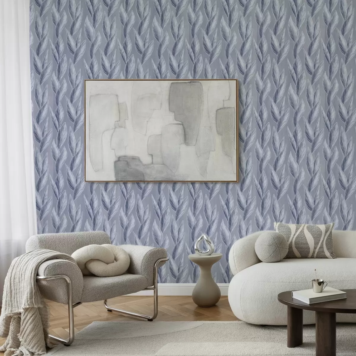 Papier peint Feuilles bleu argenté sur fond gris-bleu, motif graphique a00627