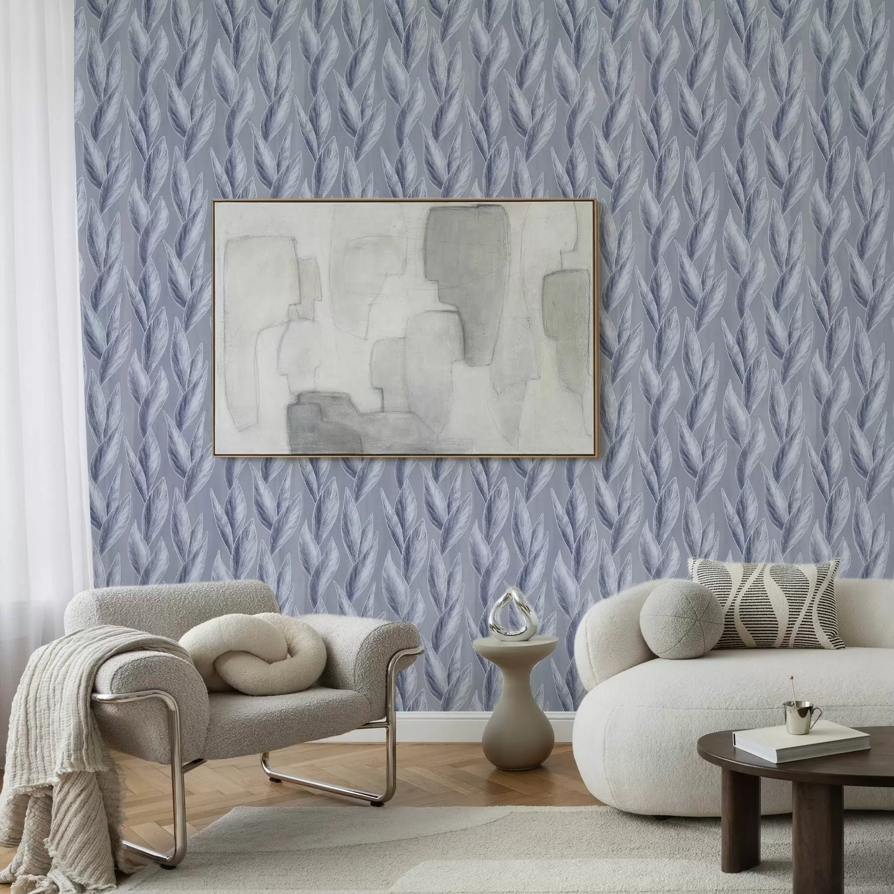 Papier peint Feuilles bleu argenté sur fond gris-bleu, motif graphique a00627