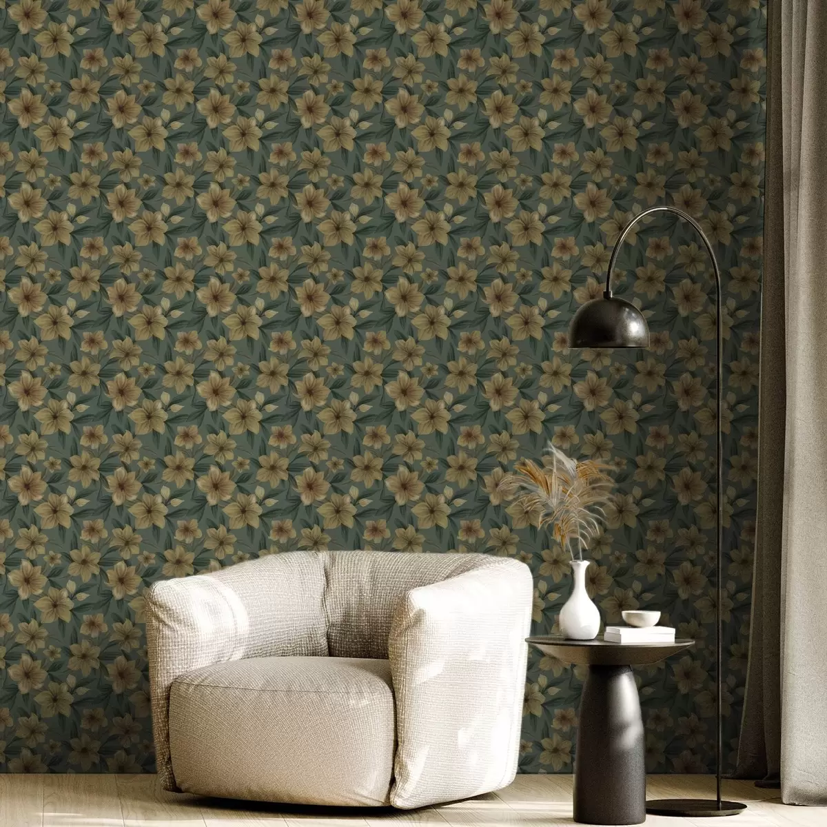 Papier peint Fleurs ocres sur fond vert foncé, motif dense a00628